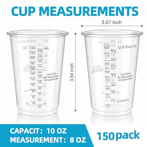 150 Pieces Plastic Measuring Cups 8oz, Disposable Epoxy Resin Mixing Cups with Measurements, Clear Liquid Measuring Cups for Resin, Paint, Mixing and Crafts