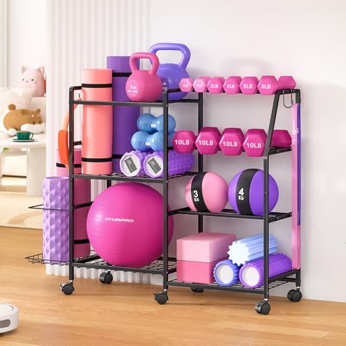 Dumbbell Rack, Weight Rack for Home Gym, Yoga Mat Storage Rack, Exercise Equipment Storage with Wheels and Hooks, Home Gym Equipment Organizer for Kettlebells - size: Standard