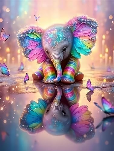 Rainbow Elephant 5D Diamond Painting Kits for Adults, Butterfly Art 12x16" | Full drill sparkly rainbow baby elephant & butterfly DIY gem art for wall decor and beginners. Canvas 12x16 inch. - color: FMA005
