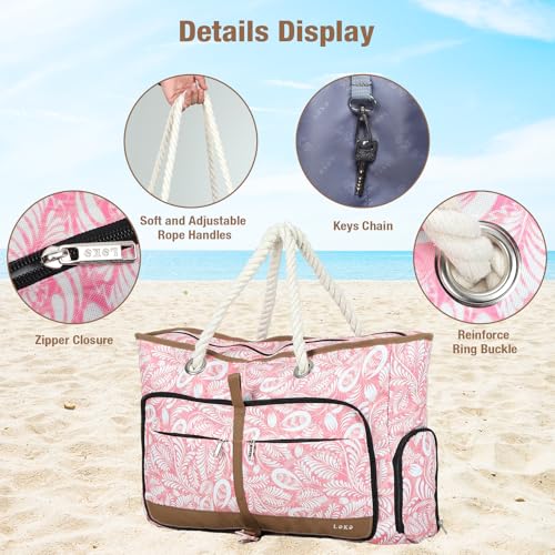 Beach Bag for Women - 35L Large Tote Bag, Waterproof & Sandproof, Zippered Carry On Bag for Pool, Beach & Travel - color: Pink