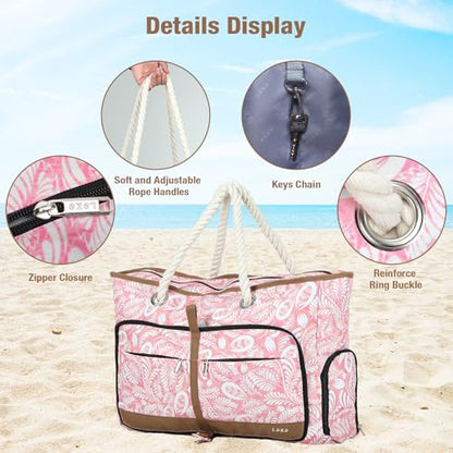 Beach Bag for Women - 35L Large Tote Bag, Waterproof & Sandproof, Zippered Carry On Bag for Pool, Beach & Travel - color: Pink