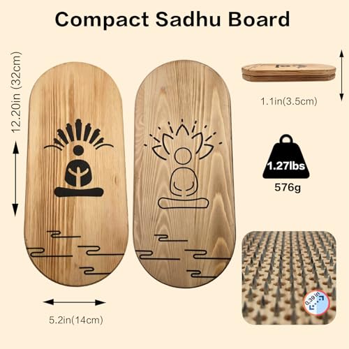 Sadhu Board Set, Wooden Board with 10mm Nail Spacing & Galvanized Nails, Acupuncture Foot Massage Tool for Standing, Yoga, Mindfulness & Meditation, Gift Box, Storage Bag & Cork Roller