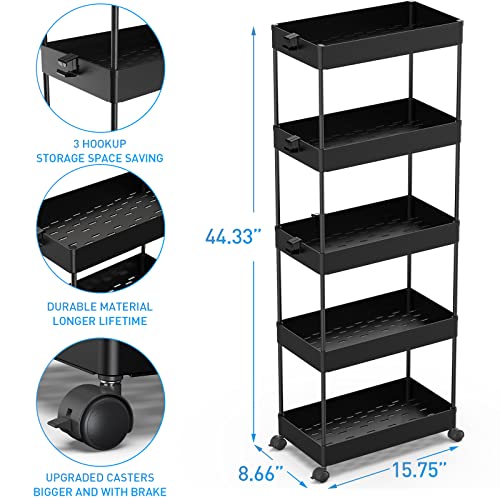 SPACEKEEPER 5 Tier Storage Rolling Cart, Bathroom Cart with Wheels, Black - color: Black, size: 5 Tier