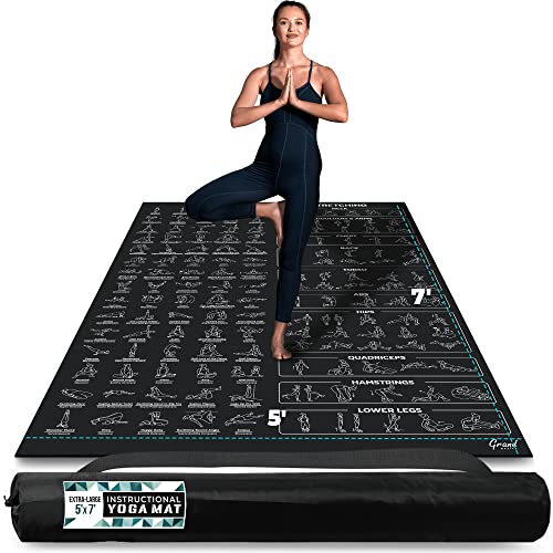 Extra-Large Instructional Yoga Mat with Poses Printed On It - 3X Bigger & 2X Wider than Regular Workout Mats - 150 Illustrated Yoga Poses and Stretches - Wide, Non-Slip, Barefoot Exercise Mat - color: 7' x 5' Black