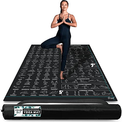 Extra-Large Instructional Yoga Mat with Poses Printed On It - 3X Bigger & 2X Wider than Regular Workout Mats - 150 Illustrated Yoga Poses and Stretches - Wide, Non-Slip, Barefoot Exercise Mat - color: 7' x 5' Black