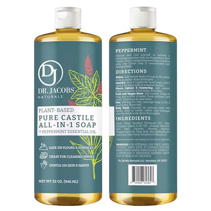 Dr. Jacobs Naturals Peppermint Castile All-in-One Cleaner and Soap - Plant-Based Formula for House Cleaning Floors and Appliances - Gentle on Skin and the Planet - 32 oz, 1 Pack - size: 32 Fl Oz (Pack of 1), style: Peppermint
