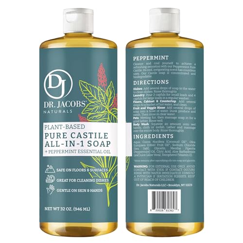Dr. Jacobs Naturals Peppermint Castile All-in-One Cleaner and Soap - Plant-Based Formula for House Cleaning Floors and Appliances - Gentle on Skin and the Planet - 32 oz, 2 Pack - size: 32 Fl Oz (Pack of 2), style: Peppermint