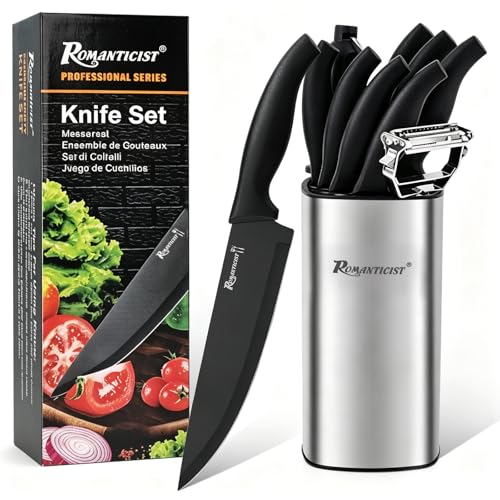 ROMANTICIST Kitchen Knife Sets, 10PCS High Carbon Stainless Steel Knife Sets with Block, Black Knife Block Set, Knives Set for Kitchen with Anti-slip Handle, Exquisite Knives Set New Home Essentials - color: Silver square knife block