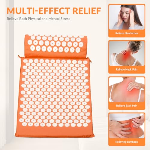Fitvids Acupressure Mat and Pillow Set for Back/Neck Pain, Acupuncture Products to Relieve Muscle Fatigue, Improve Insomnia for Sedentary People, Acupuncture Eases Stress, Massage Mat, Orange - style: Orange