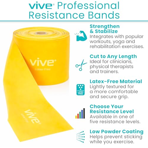 Vive Professional Resistance Bands - 25 Yard Non-Latex Roll for Physical Therapy, Lower and Upper Body Exercise Workout - Straight Elastic for Strength Training, Rehabilitation, Women, Men - color: Yellow