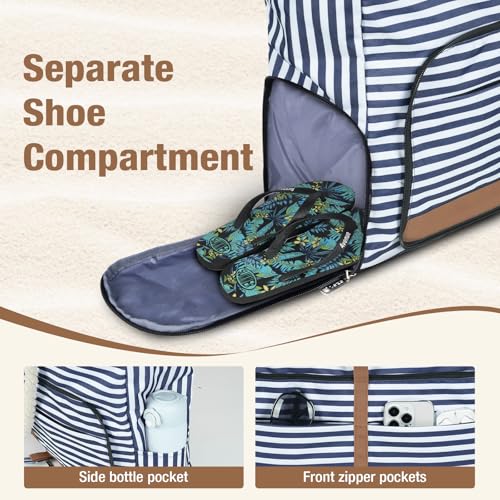Beach Bag for Women - 35L Large Tote Bag, Waterproof & Sandproof, Zippered Carry On Bag for Pool, Beach & Travel - color: Striped