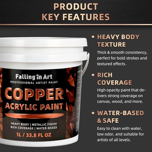 Falling in Art 33.8 Oz Heavy Body Copper Metallic Acrylic Paint, Non-Toxic | Art Craft Paints for Canvas, Wood, Clay, Fabric, Metal, Furniture - color: Copper