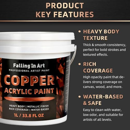 Falling in Art 33.8 Oz Heavy Body Copper Metallic Acrylic Paint, Non-Toxic | Art Craft Paints for Canvas, Wood, Clay, Fabric, Metal, Furniture - color: Copper