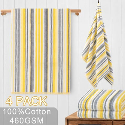 VOOVA & MOVAS Yellow Bath Towels 4 Pack, 100% Cotton, 28x52 in - color: Yellow + Gray Striped, size: 4 PC Bath Towels (28"x52")