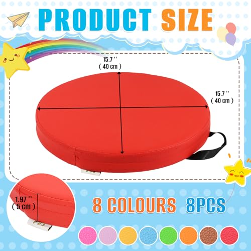 8 PCS 16 Inch Round Floor Pillows with Handles | Waterproof Synthetic Leather Flexible Seating Cushions | 16''x16''x2'' Thick Floor Cushions for Classroom, Home, Yoga & Meditation