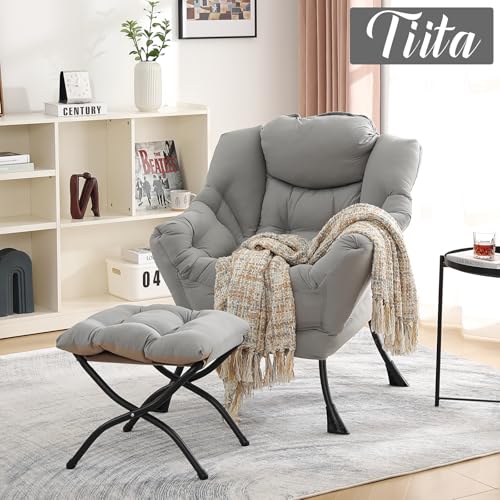 Tiita Lazy Chair with Ottoman, Comfy Reading Accent Chair, Light Grey - color: Peach Skin Light Grey