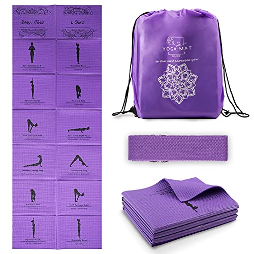 Foldable Yoga Mat for Women, Non Slip Exercise Mat for Home Gym, 5mm Travel Yoga Mats Set With Stretch Strap for Yoga Pilates and Fitness, 68"L x 24"W x 0.2 Inch Thick - color: Purple