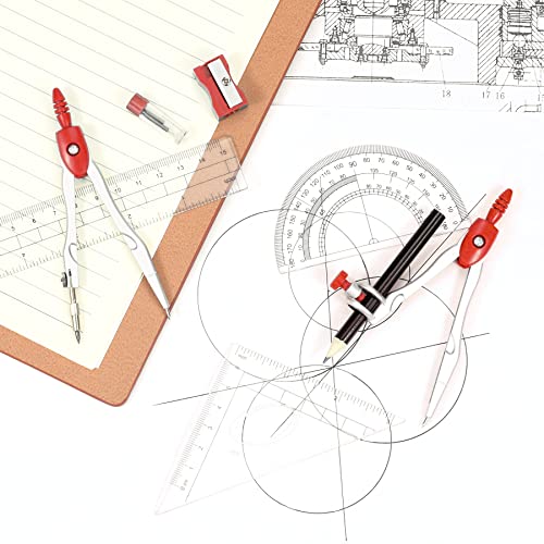 Vobou Math Geometry Sets 10 Pcs, Student Supplies Kit, Compass Set (Red | Shatterproof Storage Box,Includes Rulers,Protractor,Compass,Eraser,Pencil Sharpener,Lead Refills,Pencil, for Drafting - color: Red