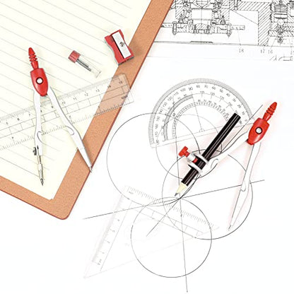 Vobou Math Geometry Sets 10 Pcs, Student Supplies Kit, Compass Set (Red | Shatterproof Storage Box,Includes Rulers,Protractor,Compass,Eraser,Pencil Sharpener,Lead Refills,Pencil, for Drafting - color: Red