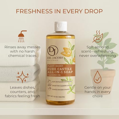 Dr. Jacobs Naturals Almond Castile All-in-One Cleaner and Soap - Plant-Based Formula for House Cleaning Floors and Appliances - Gentle on Skin and the Planet - 32 oz, 1 Pack - size: 32 Fl Oz (Pack of 1), style: Almond