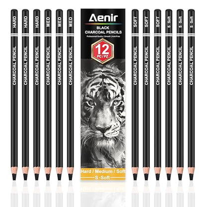 Aenir Charcoal Pencils for Drawing,（S-Soft, Soft, Medium, Hard 12 Pieces | Charcoal Drawing Pencils for Drawing, Sketching, Shading, Smooth, Art Supplies for Artist and Beginners - color: Black