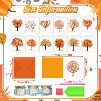 Saillong 12 Pack Fall Tree Diamond Painting Greeting Card Kits DIY Thanksgiving Diamond Art Cards with Envelopes Life Tree 5D Rhinestones Painting Making Kit for Adult DIY Crafts Family Friend Gifts - color: Fall Tree