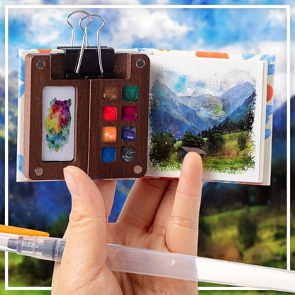 Qilery Mini Portable Watercolor Palette Set Wooden Grid Paint Box Watercolor Paper Sketch Book Brush Pens with Binder Clip for Painters Artist Not Include Paint(Azalea) - style: Azalea