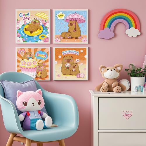 PERFECTSIGHT Cute 5D Diamond Art Kits, Kawaii DIY Painting Art for Adults Teen, 4 Pack Diamond Arts and Crafts Sets, Big Gem Full Drill Diamond Dots for Women (Sakura Capybara) - style: Sakura Capybara