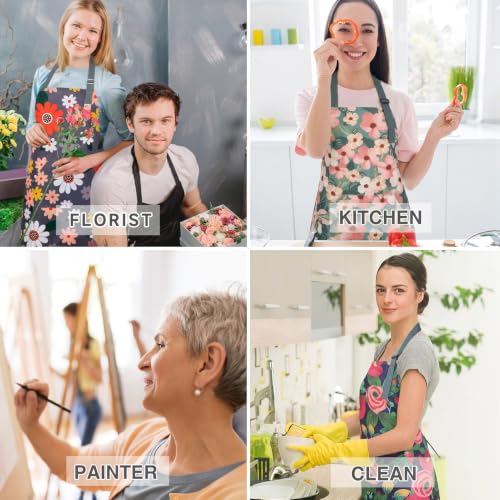 BOUMUSOE 3 Pack Floral Aprons with Pocket, Blooming Womens Aprons | Waterproof Adjustable Cooking Aprons for Kitchen Gardening and Salon - color: Red, Pink, Yellow