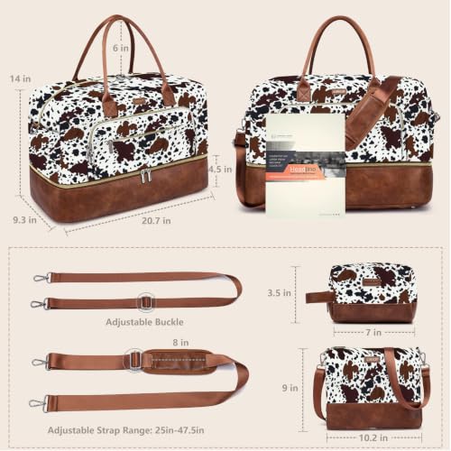 Large Women Travel Weekender Bag: Carry on Duffle with Shoe Compartment | Overnight Duffel Bags with Wet Pocket, Crossbody & Toiletry Bag, 3PCS Womens Traveling Tote Set for Hospital Gym Weekend Trip - color: Brown Cow Print