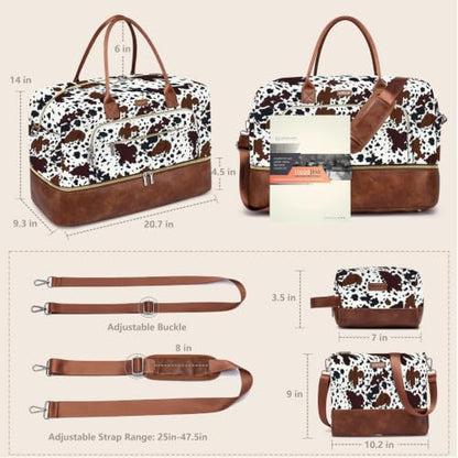 Large Women Travel Weekender Bag: Carry on Duffle with Shoe Compartment | Overnight Duffel Bags with Wet Pocket, Crossbody & Toiletry Bag, 3PCS Womens Traveling Tote Set for Hospital Gym Weekend Trip - color: Brown Cow Print