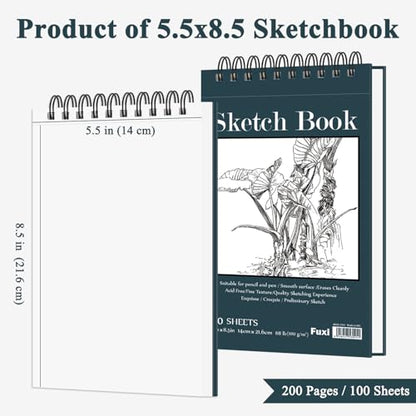 Fuxi Small Sketch Book, Spiral-Bound Sketchbook 5.5 x 8.5 2-Pack 200 Sheets | Small Sketchbook, 100 Sheets Each, 68lb/100gsm Drawing Paper Pad, Small Sketch Pads for Drawing for Adults, Kids & Beginners. - color: Aegean Blue