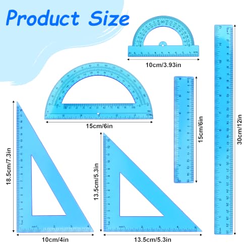 Plastic Clear Ruler Math Set - 6'' 12'' Transparent Straight Ruler, 4'' 6'' Protractor, 30/60 & 45/90 Triangle Ruler,Geometry Math Measuring Tool for School Office Drawing Teachers Kids Supplies Blue - color: Blue