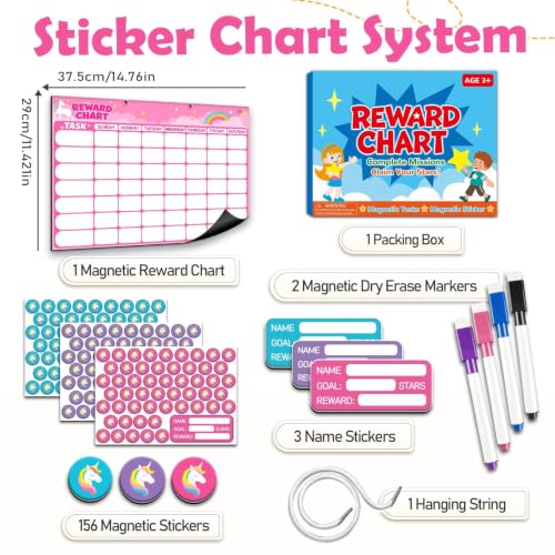 Magnetic Reward Chart for Kids, Customizable Dry Erase Weekly Chore Chart - size: 3 Kids-Unicorns