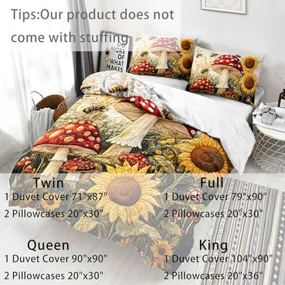 AILONEN Mushroom & Sunflower Duvet Cover Set Twin Size,Cartoon Flower Bee Quilt Cover with 2 Pillowcases, Soft Breathable 3Pcs - color: Mushroom110, size: Twin