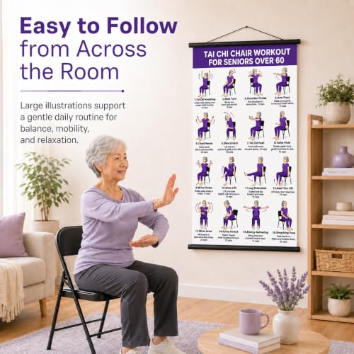 Tvisenva Tai Chi Chair Workout Chart for Seniors - Chair Tai Chi Exercise Poster for Beginners - 16 Seated Tai Chi Movements for Balance, Flexibility, Mobility and Relaxation - 16 x 24 Inch Wall Art