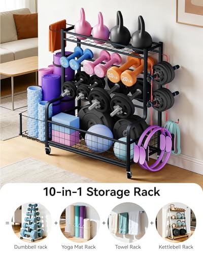 4 Tiers Large Capacity Dumbbell Rack [Thickened High-Strength Steel] Home Gym Storage for Dumbbells Kettlebells Yoga Mat and Balls, All in One Workout Storage Rack with Wheels and Hooks