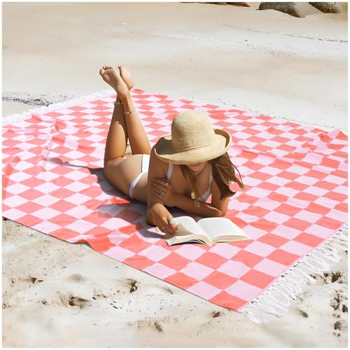 Extra Large Turkish Beach Towel Picnic Mat Throw Blanket Oversized Sand Free Quick Dry Resistant Lightweight Sandless Cloud Hawaii Honeymoon Travel Essentials Xl Big Jumbo Women Summer Vacation Gift - color: Checked Coral, size: Giant Large 82'' x 90''