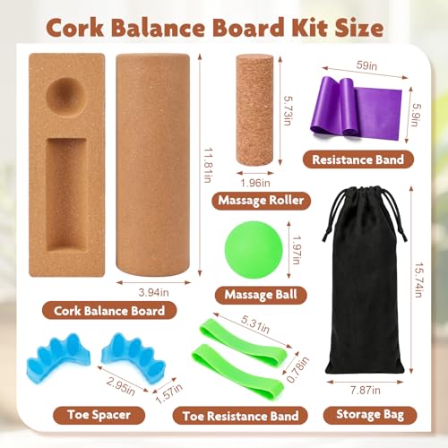 Balance Board for Ankle Stability Training, Cork Wobble Board Set with Foot Massage Roller and Resistance Band for Home Office Gym, Exercise Equipment for Physical Therapy and Yoga