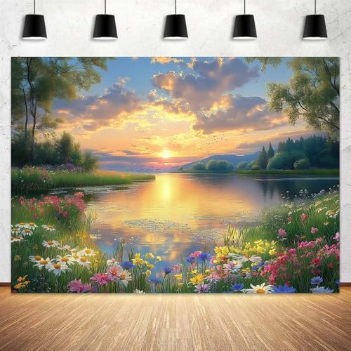 5X3ft Lake Natural Scenery Backdrop Spring Natural Scenery Flowers Landscape Mountain Forest Trees Flower Blue Sky Photography Background Picnic Camping Hiking Spring Travel Vacation Backdrop - color: Green, size: 5x3FT