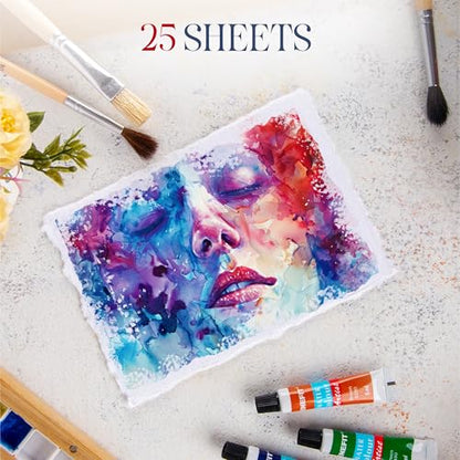 Wanderings Thick Handmade A6 Size Watercolor Paper with Deckle Edge - 4" x 6" - 300GSM - Premium White Hot Press Smooth Mixed Media Paper Made with Recycled Cotton - 25 Loose Leaf Sheets - color: White, size: 4x6" (10.5x15cm)