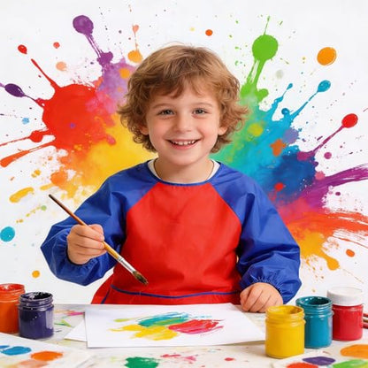 2 Pack Kids Art Smock Waterproof with Long Sleeve and 3 Roomy Pockets Artist Children Aprons for Toddlers Age 3-8 Painting Crafts（Red+Lake Blue） - color: 2 Pack Red+lake Blue