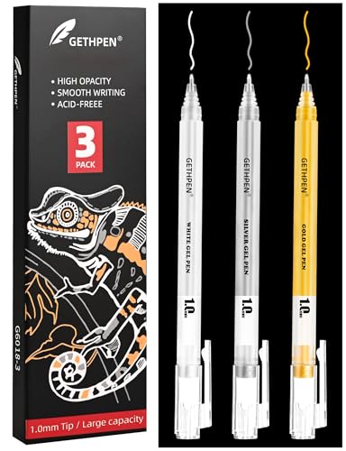 GETHPEN White Gold Silver Gel Pens,1.0mm Fine Opaque Archival Ink, 3 Pack | 3 Colors Gel Pen Set, Metallic Gel Ink Pens for Artists, Black Paper Drawing, Bullet Journaling, Holiday Crafts - size: 1.0 mm, style: 3 Pack White, Gold and Silver