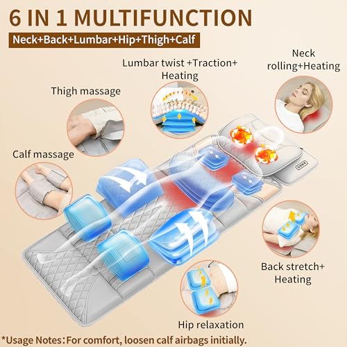 Full Body Massage Mat with Heat,Back Massage Pad with Movable Shiatsu Neck Massager for Bed Sofa,3D Airbags Body Stretching & Lumbar Traction,Portable & Foldable,Gifts for Men Women