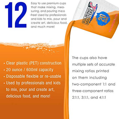 Pouring Masters 20 Ounce (600ml) Graduated Plastic Mixing Cups (Box of 12) - Paint Mixing Cups for Epoxy Resin, Art, Kitchen, Baking - Measurements in OZ and ML, 4 Different Measuring Ratios 1:1 - size: 20-Ounce - Cup