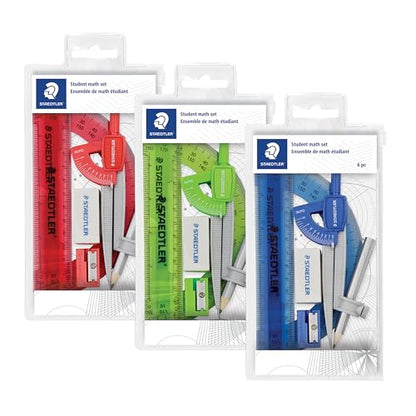 STAEDTLER Student Math Set - Essential School Supplies with 6-Piece - Compass, 6in Ruler, 180° Protractor, Pencil, Eraser & Sharpener in Zippered Storage Pouch