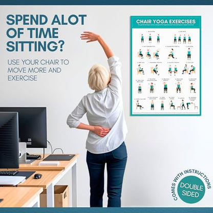 Chair Yoga Exercise Poster for Beginners & Seniors A3 | Double Sided Seated Yoga Chart with Instructions | Laminated Gentle Chair Exercises for Mobility & Flexibility