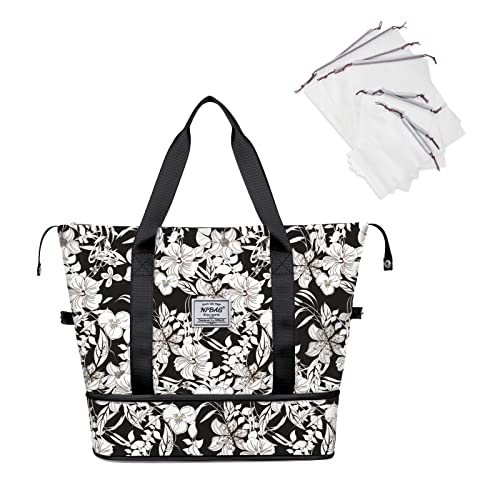 NPBAG Women Travel Duffel, Multi Functional Large Expandable Weekender Carry-on Tote, Gym Workout Overnight Bag, Mommy Hospital Bag for Labor and Delivery - color: Basic-Plain Flowers, style: Basic Version