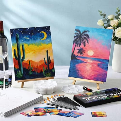 Cholemy 36 Pcs Paint and Sip Kit for Adults 8''x10'' Pre Drawn Canvas for Painting DIY Afro Acrylic Painting Kit Wood Easel Brushes Date Night Bulk for Mother's Day Party Gifts - style: Sunset Glow