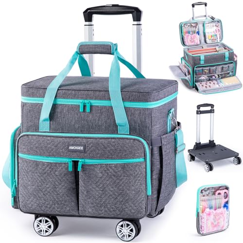 AMOIGEE Rolling Tote Bag with Wheels and Handle, Sewing Machine Case, Craft Organizer Tote for Scrapbooking Storage, Teacher Rolling Bag, Craft Supply Storage, Art Bag, Rolling Cart for Teachers - color: Grey - Teal, size: With Wheels
